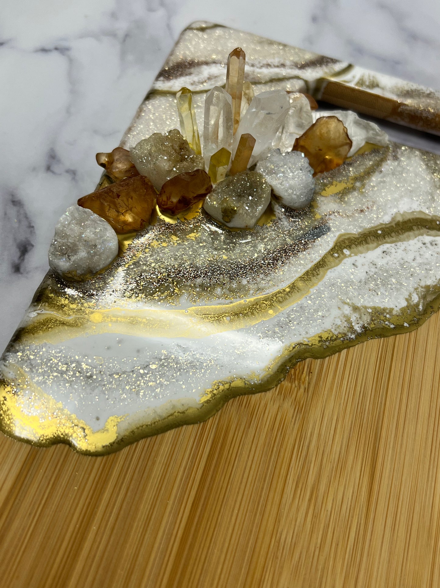 Citrine and clear quartz bamboo charcuterie board