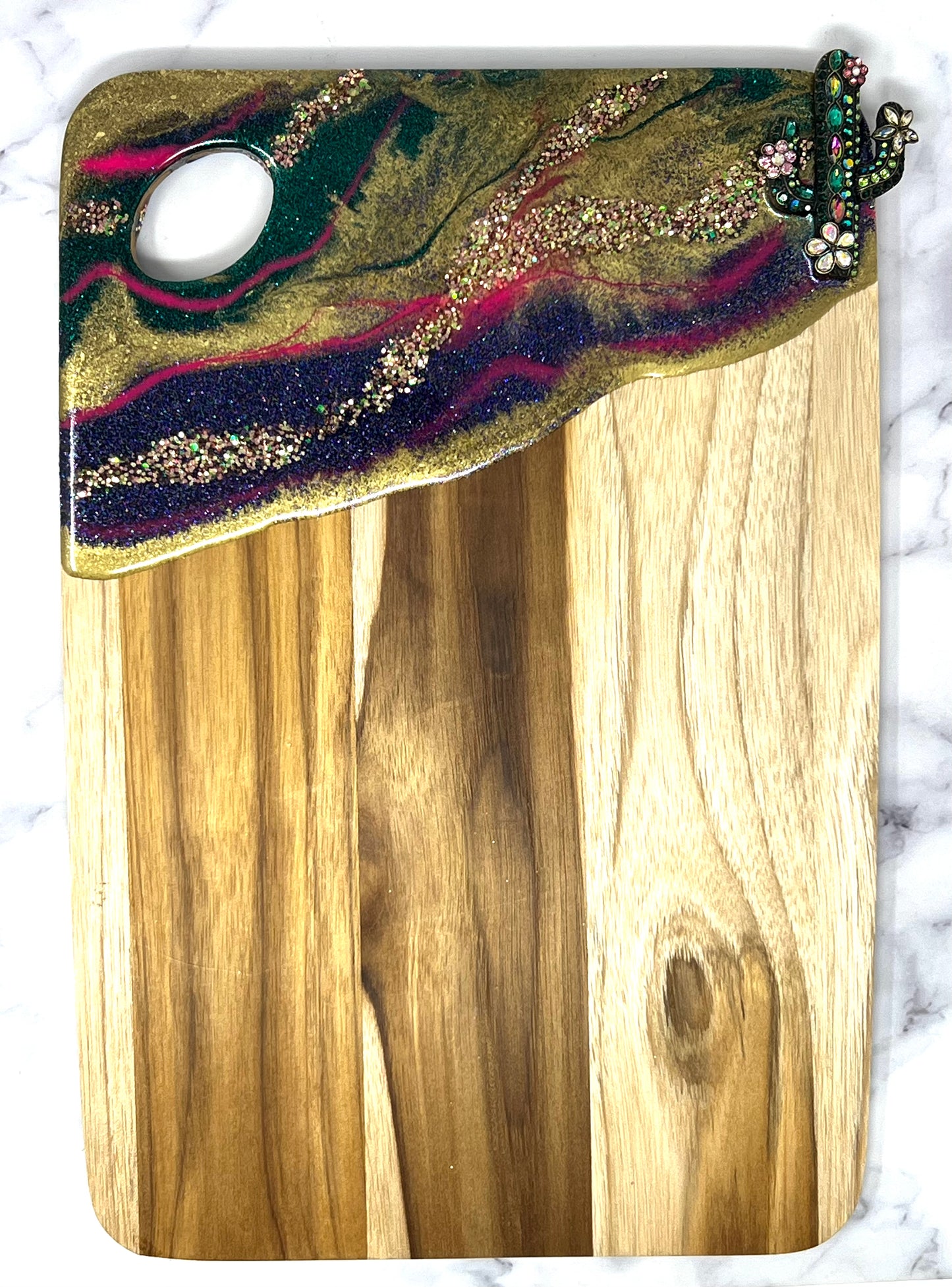 Bejeweled cactus teak charcuterie board