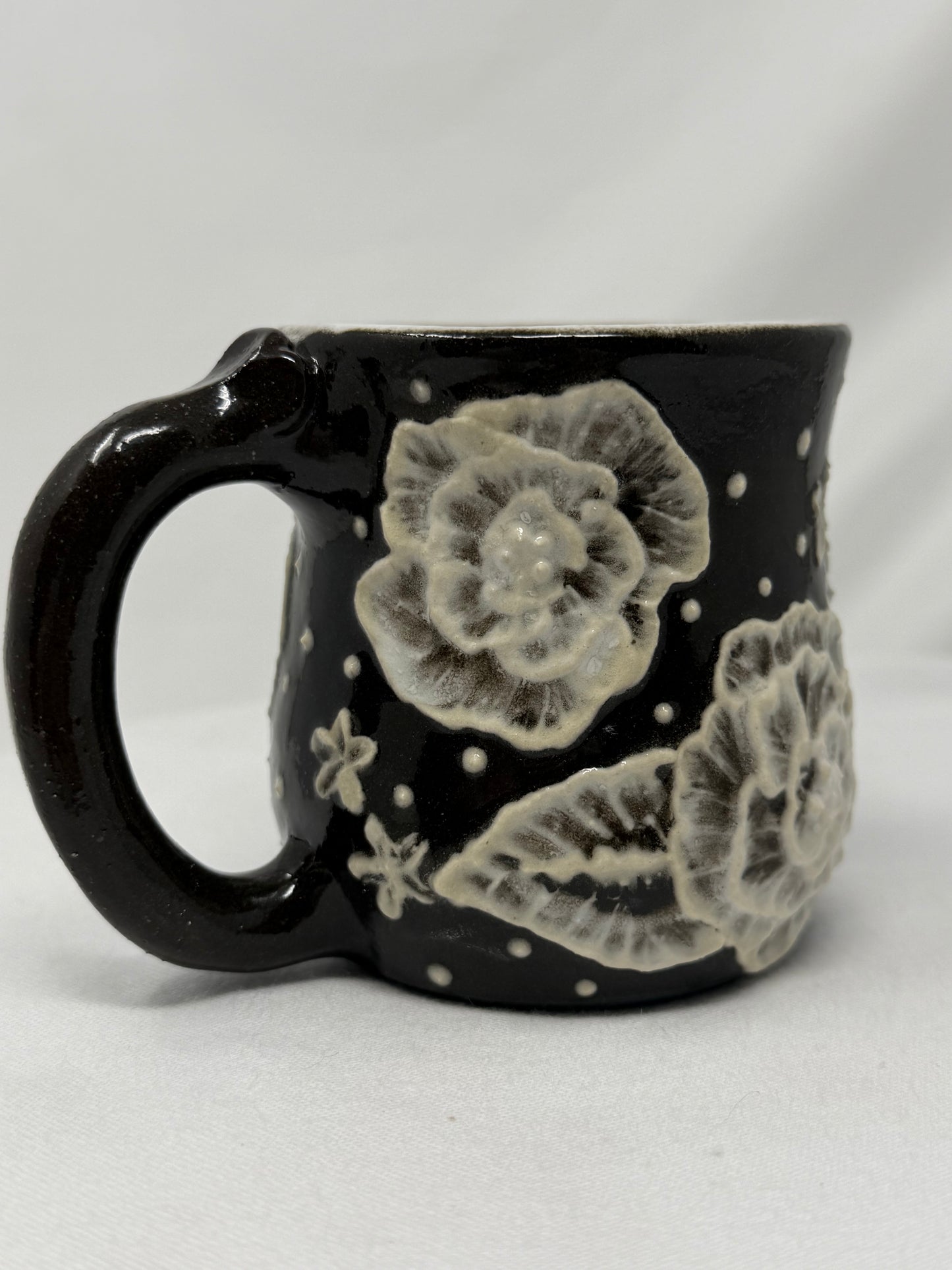 Almost-a-cuppa 6oz chocolate clay with floral slip design