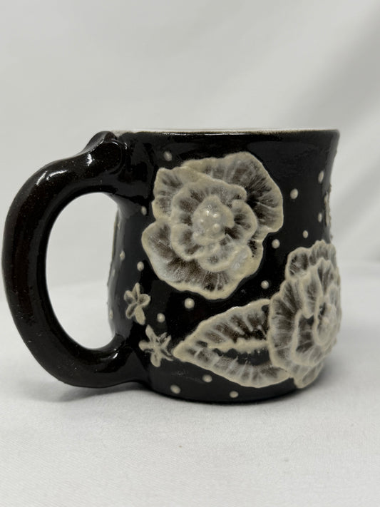 Almost-a-cuppa 6oz chocolate clay with floral slip design