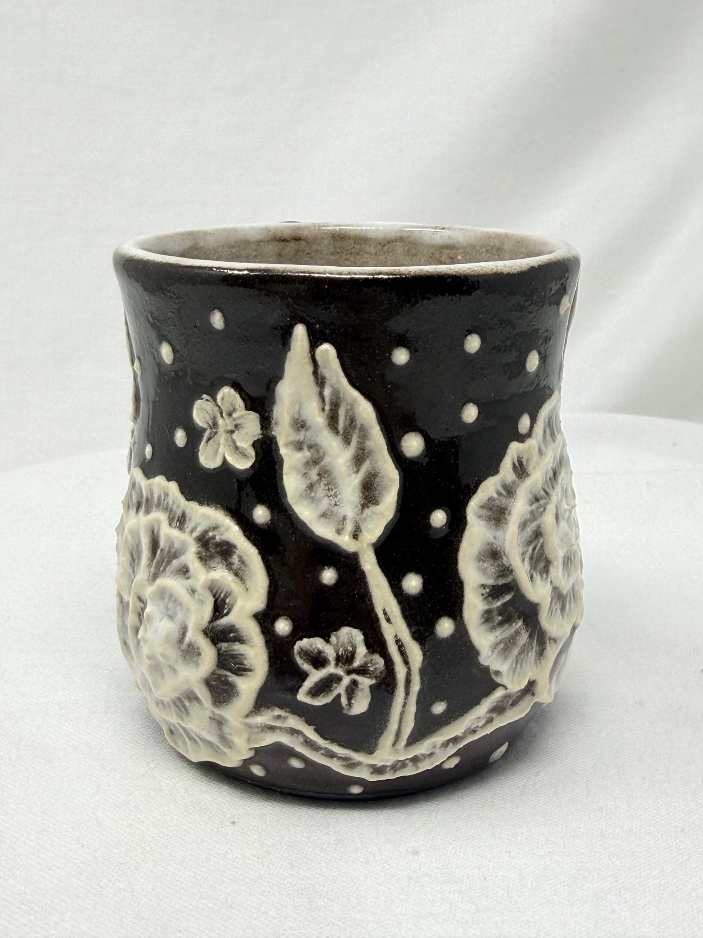 Almost-a-cuppa 6oz chocolate clay with floral slip design