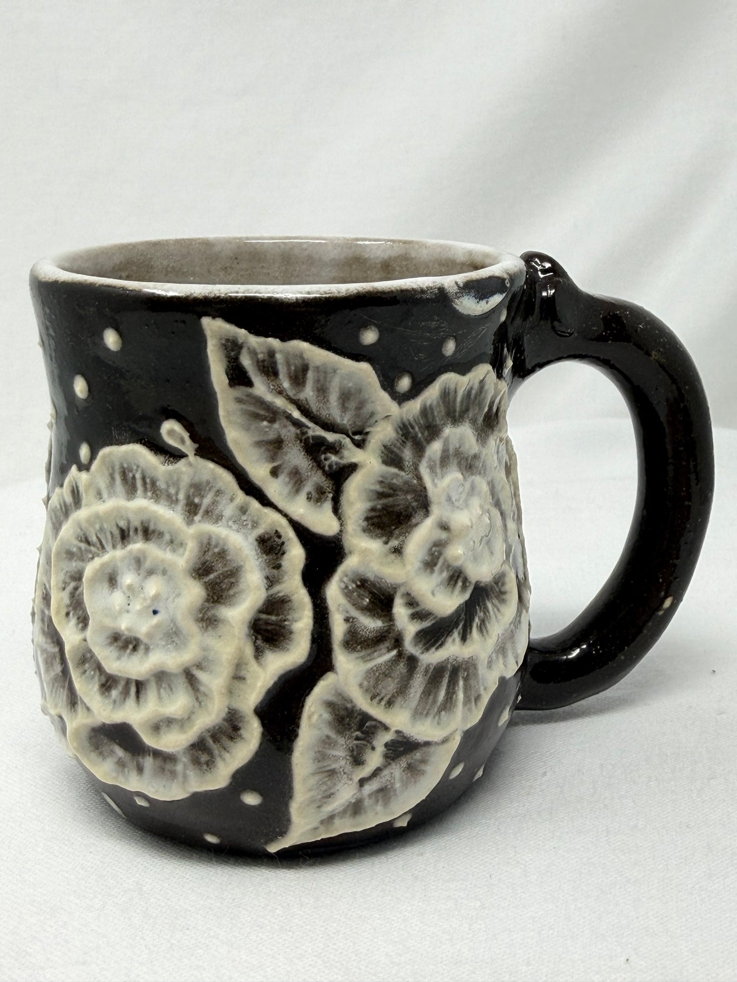 Almost-a-cuppa 6oz chocolate clay with floral slip design