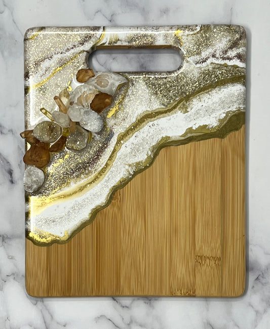 Citrine and clear quartz bamboo charcuterie board