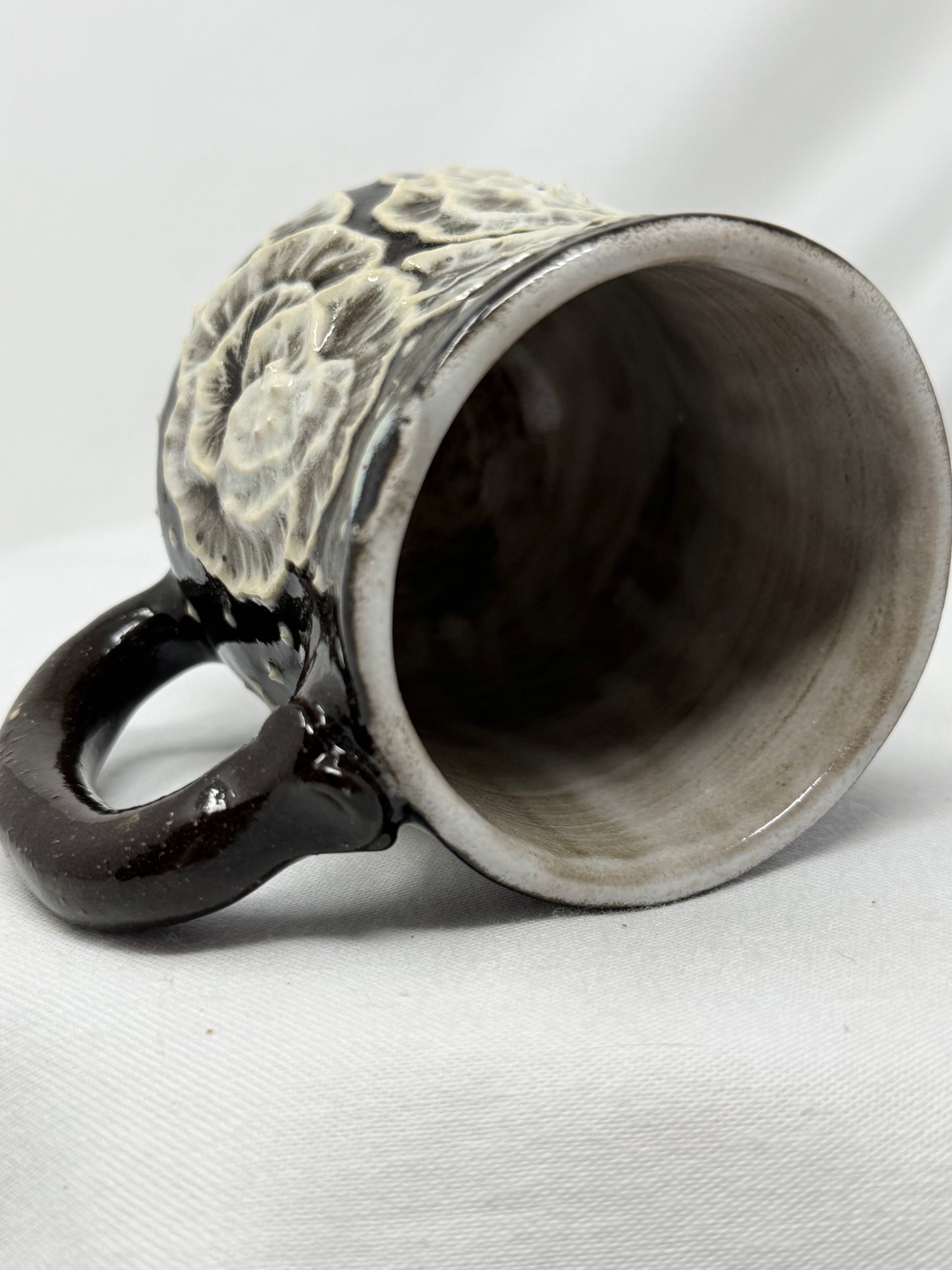Almost-a-cuppa 6oz chocolate clay with floral slip design